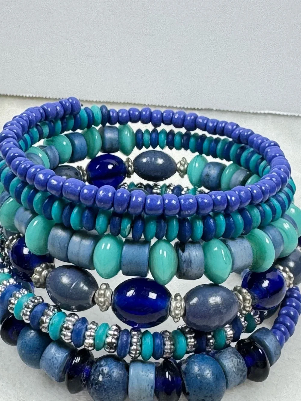 Ocean Hues Multi-Strand Beaded Bracelet Stack - Blue & Teal